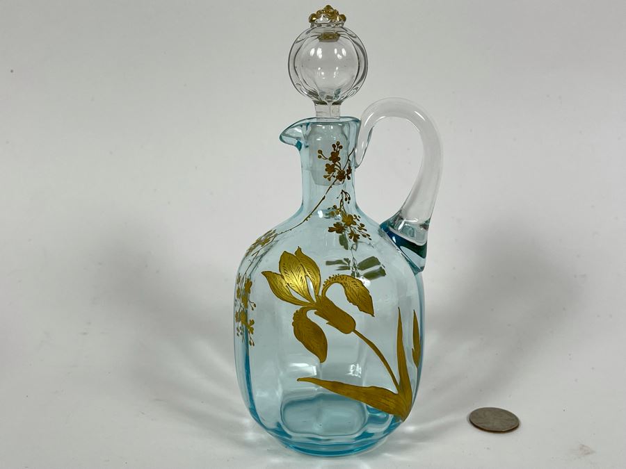 Hand Blown Blue Glass Gold Painted Pitcher With Stopper [Photo 1]