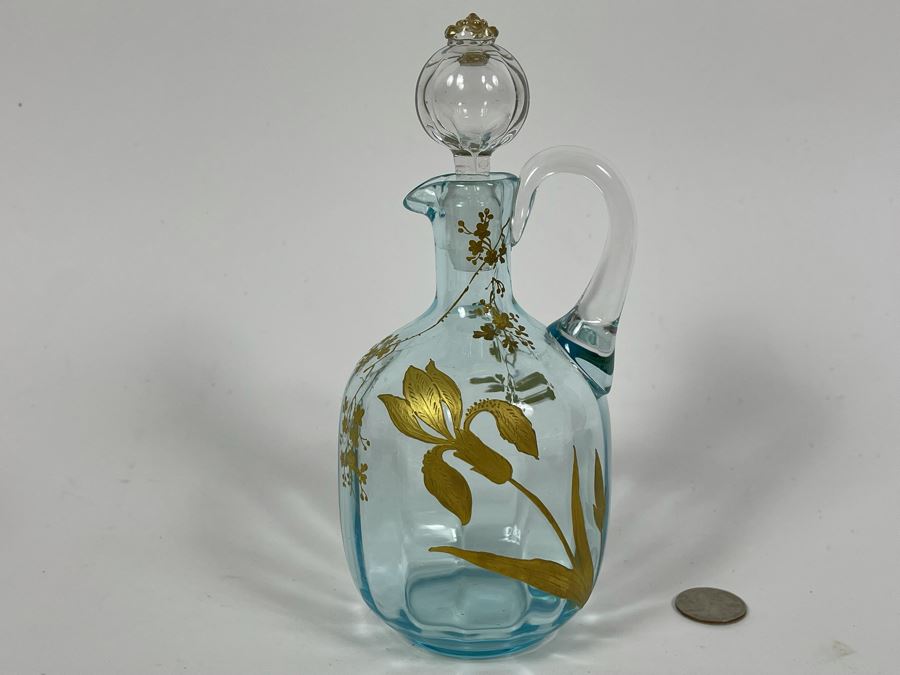 Hand Blown Blue Glass Gold Painted Pitcher With Stopper [Photo 2]
