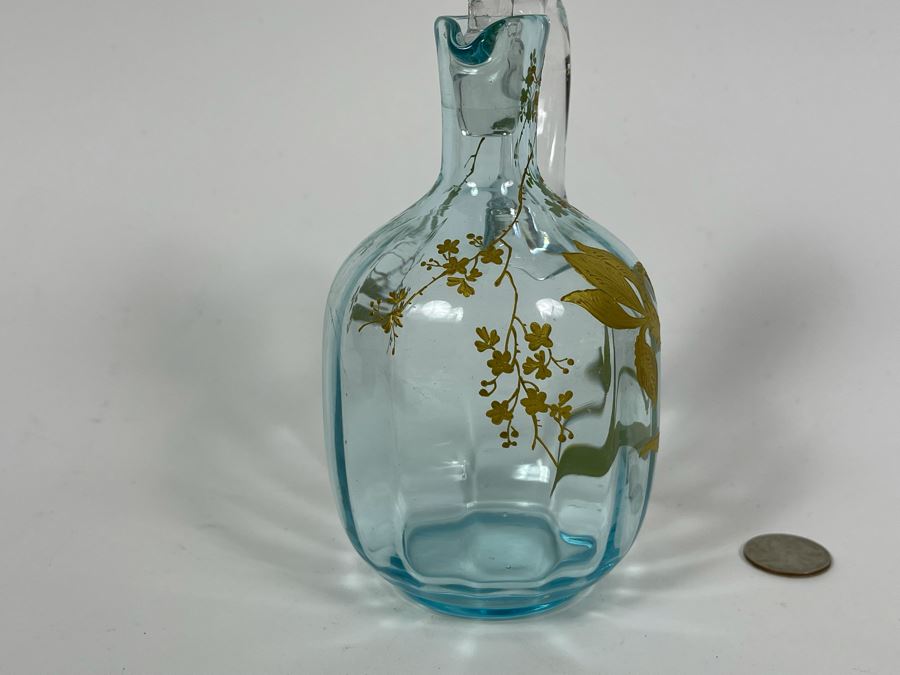Hand Blown Blue Glass Gold Painted Pitcher With Stopper [Photo 6]
