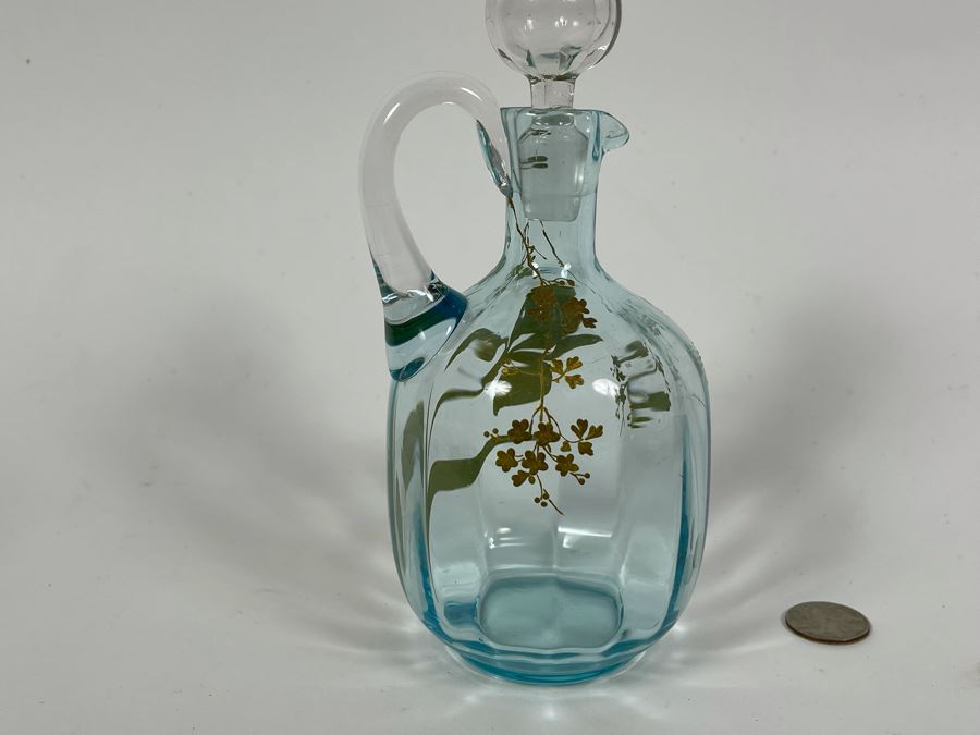 Hand Blown Blue Glass Gold Painted Pitcher With Stopper [Photo 7]