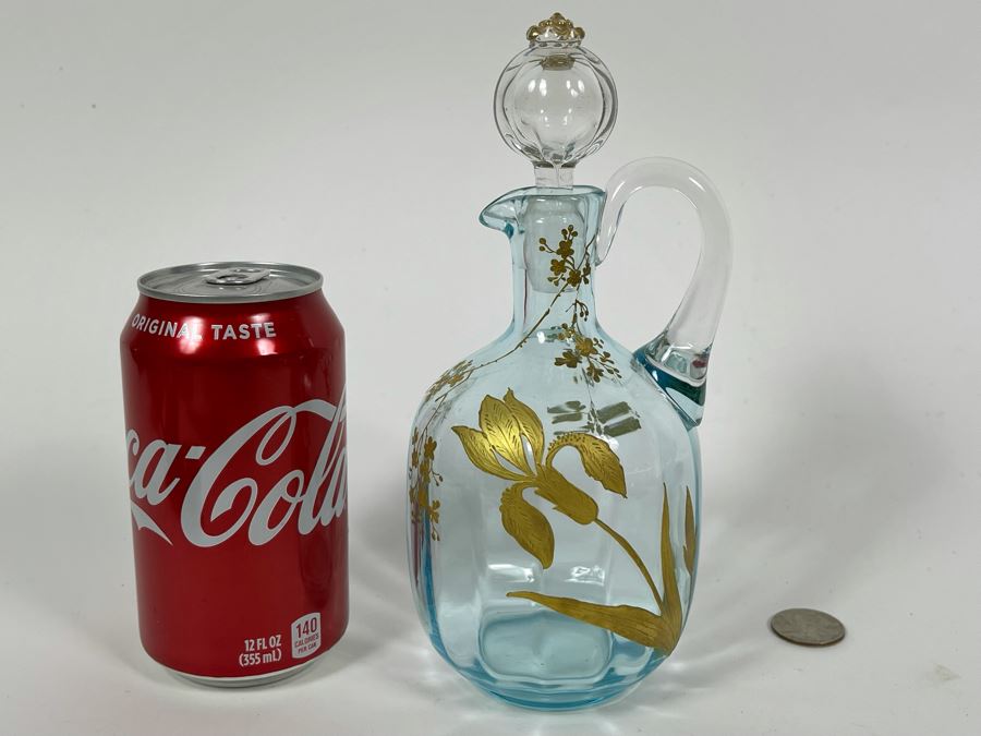 Hand Blown Blue Glass Gold Painted Pitcher With Stopper [Photo 8]