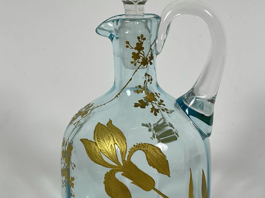 Hand Blown Blue Glass Gold Painted Pitcher With Stopper [Photo 3]