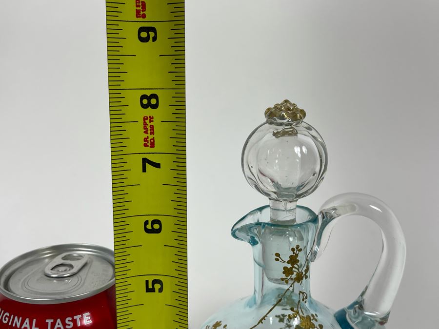 Hand Blown Blue Glass Gold Painted Pitcher With Stopper [Photo 10]