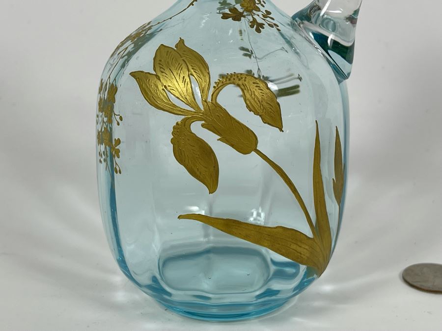 Hand Blown Blue Glass Gold Painted Pitcher With Stopper [Photo 4]