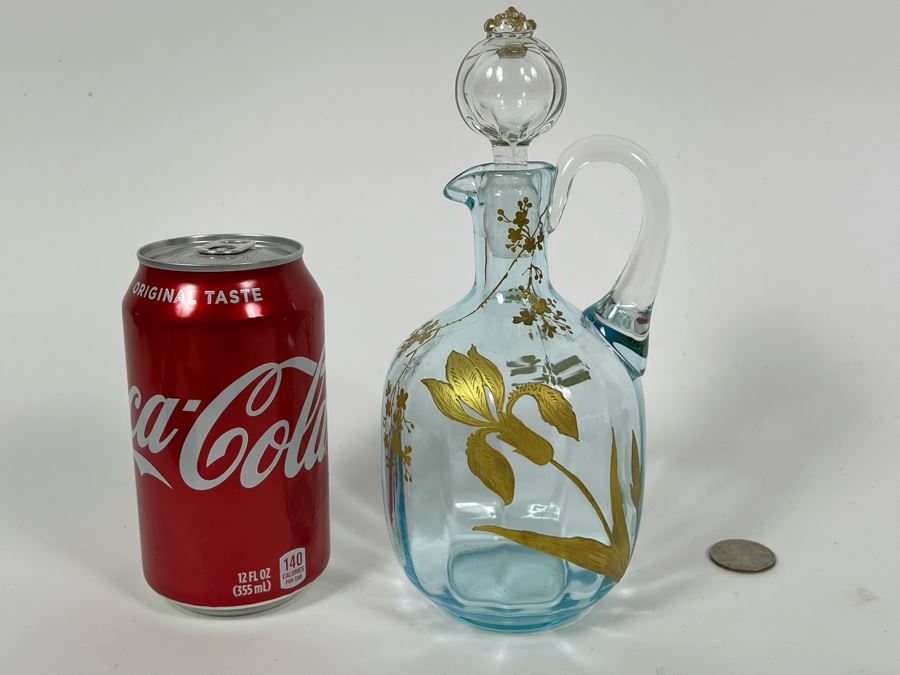 Hand Blown Blue Glass Gold Painted Pitcher With Stopper [Photo 9]