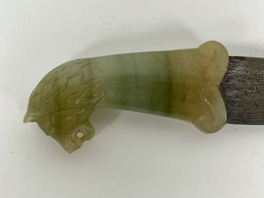 Vintage Carved Green Stone Lion's Head Handle Serrated Blade Knife 8.5L [Photo 5]