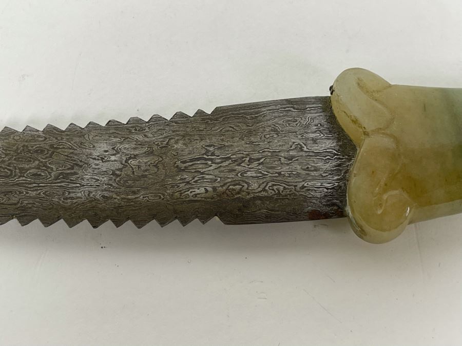Vintage Carved Green Stone Lion's Head Handle Serrated Blade Knife 8.5L [Photo 13]