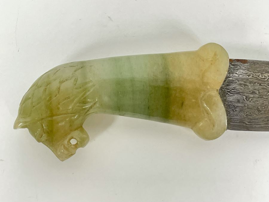 Vintage Carved Green Stone Lion's Head Handle Serrated Blade Knife 8.5L [Photo 6]