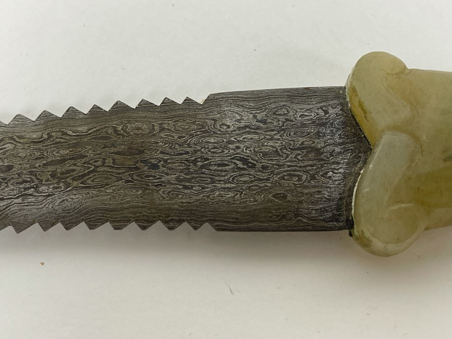Vintage Carved Green Stone Lion's Head Handle Serrated Blade Knife 8.5L [Photo 10]