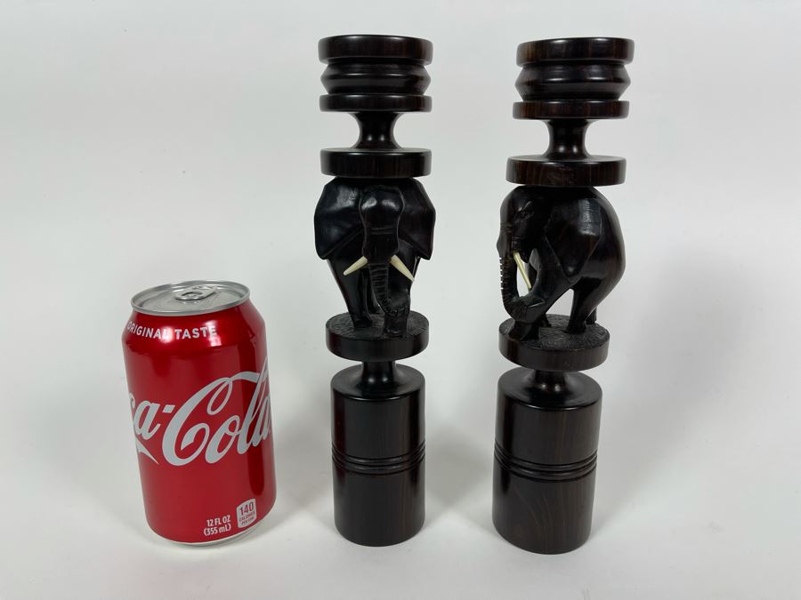 Pair Of Figural Elephant Carved Wood Candlesticks From Africa 9H [Photo 2]