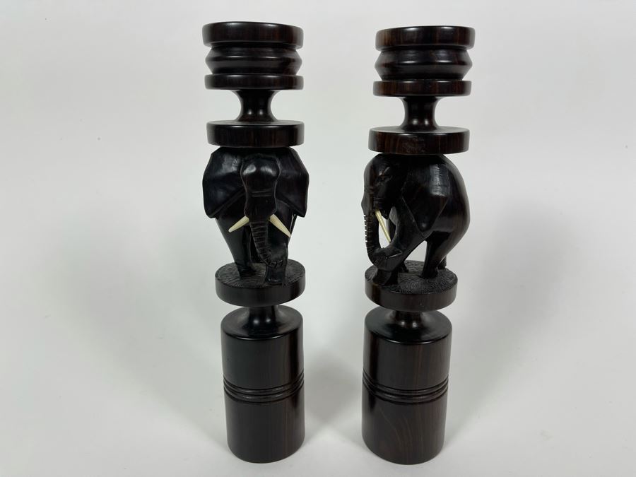 Pair Of Figural Elephant Carved Wood Candlesticks From Africa 9H [Photo 4]