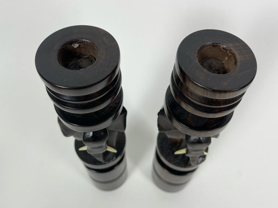 Pair Of Figural Elephant Carved Wood Candlesticks From Africa 9H [Photo 7]