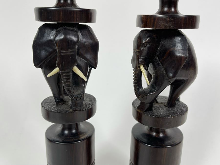 Pair Of Figural Elephant Carved Wood Candlesticks From Africa 9H [Photo 5]