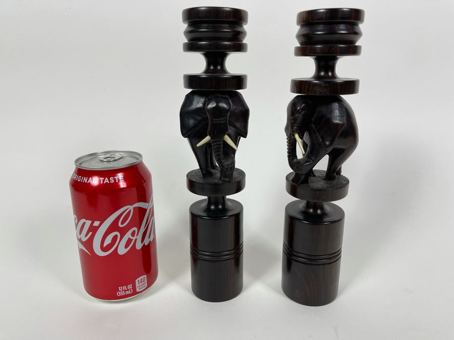 Pair Of Figural Elephant Carved Wood Candlesticks From Africa 9H [Photo 3]