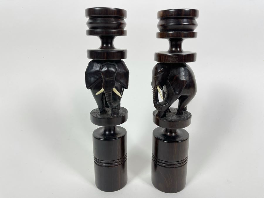 Pair Of Figural Elephant Carved Wood Candlesticks From Africa 9H [Photo 1]