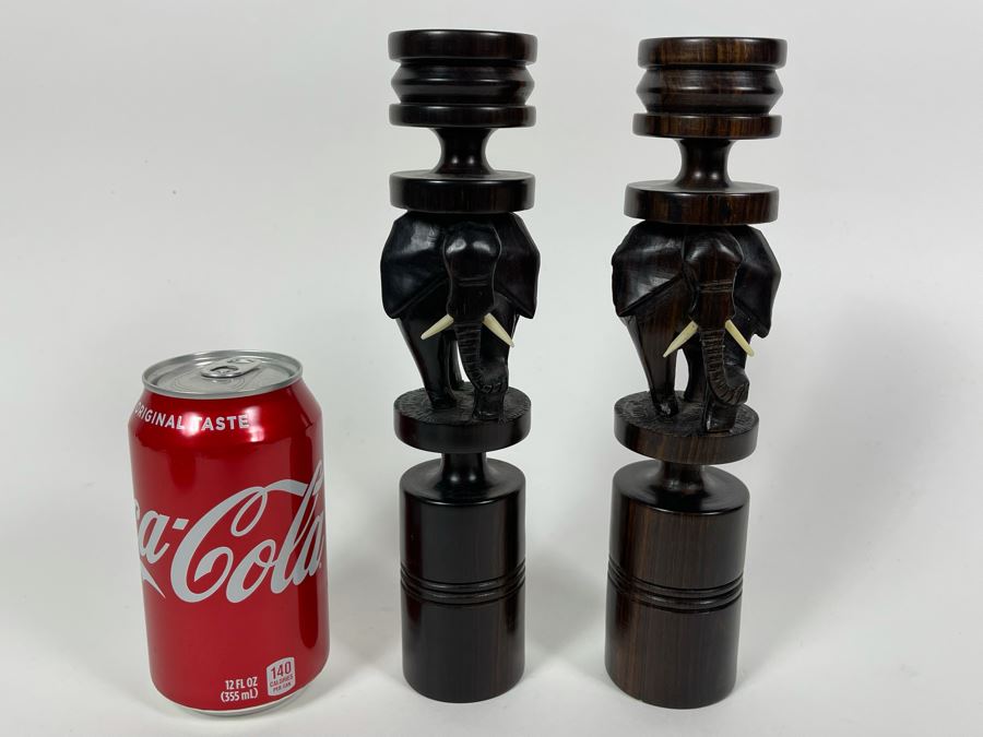 Pair Of Figural Elephant Carved Wood Candlesticks From Africa 9H [Photo 6]