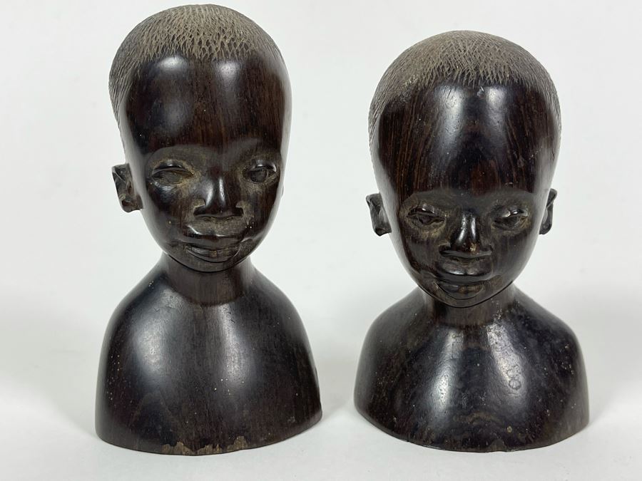 Pair Of Vintage African Hand Carved Wood Bust Head Sculptures 4H [Photo 2]
