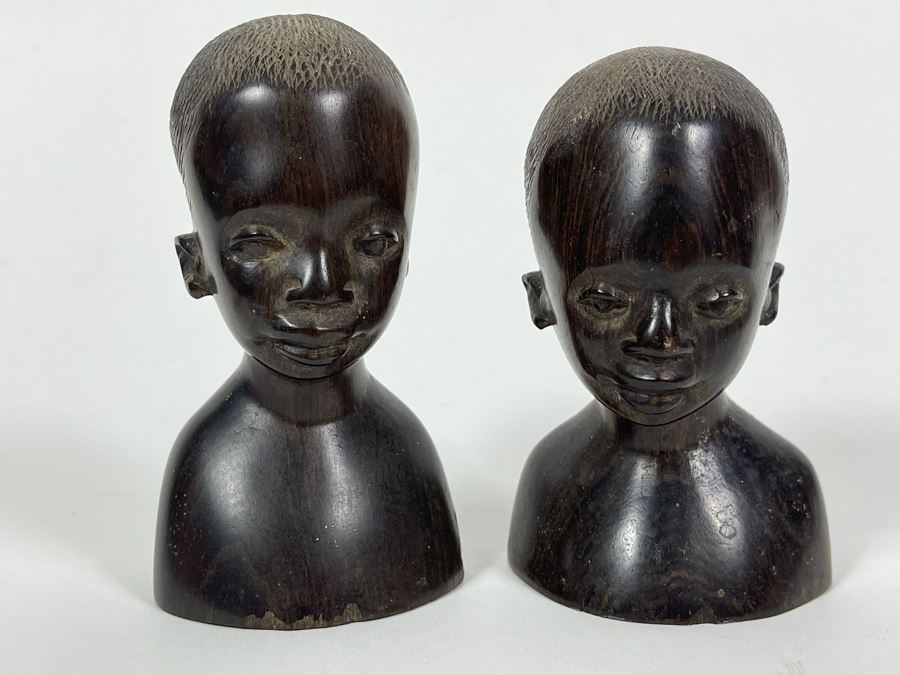 Pair Of Vintage African Hand Carved Wood Bust Head Sculptures 4H [Photo 3]