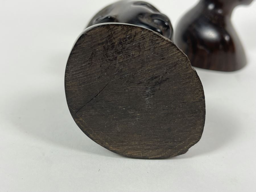 Pair Of Vintage African Hand Carved Wood Bust Head Sculptures 4H [Photo 7]