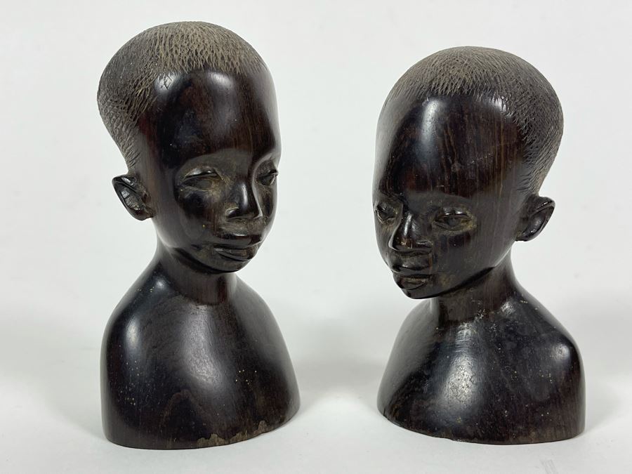 Pair Of Vintage African Hand Carved Wood Bust Head Sculptures 4H [Photo 1]
