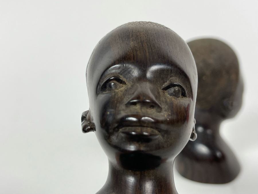 Pair Of Vintage African Hand Carved Wood Bust Head Sculptures 4H [Photo 8]