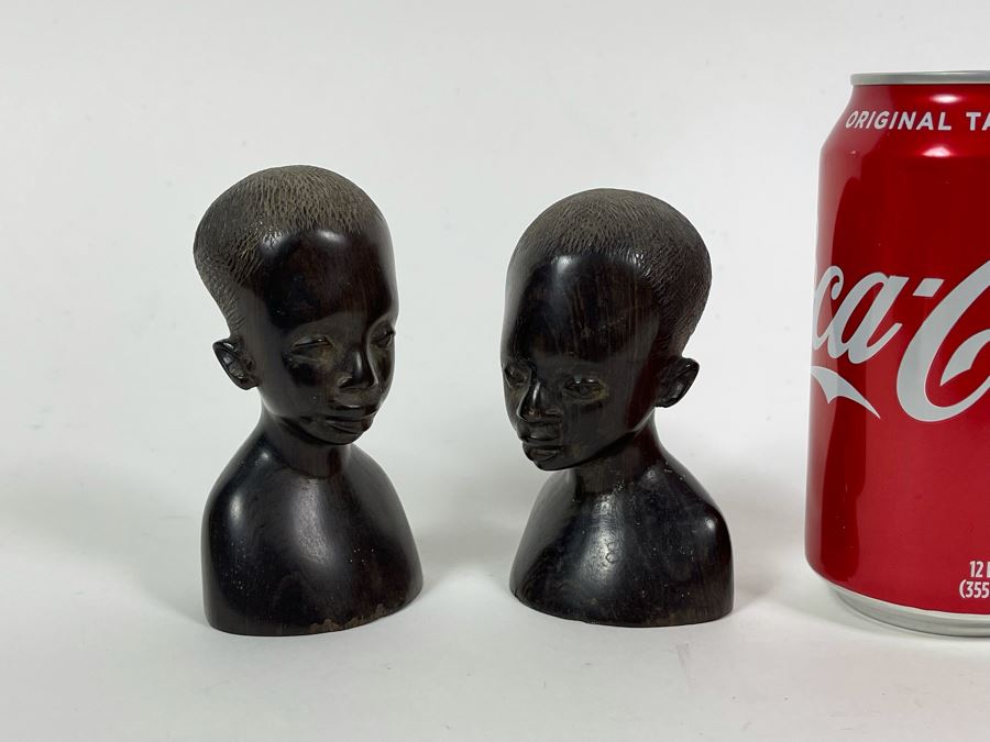 Pair Of Vintage African Hand Carved Wood Bust Head Sculptures 4H [Photo 4]