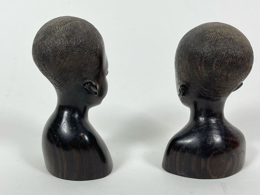 Pair Of Vintage African Hand Carved Wood Bust Head Sculptures 4H [Photo 5]