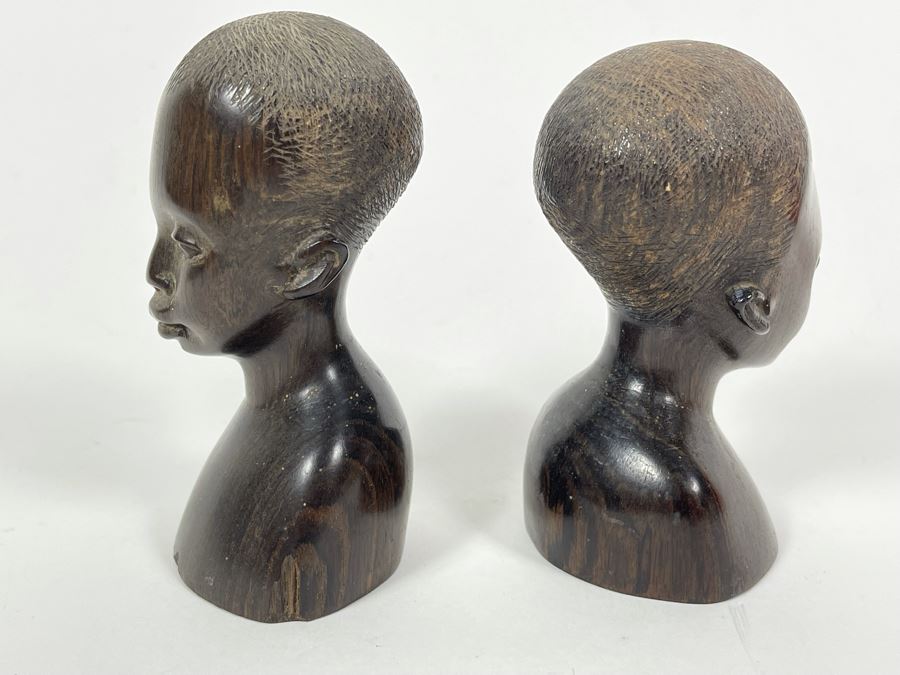 Pair Of Vintage African Hand Carved Wood Bust Head Sculptures 4H [Photo 6]