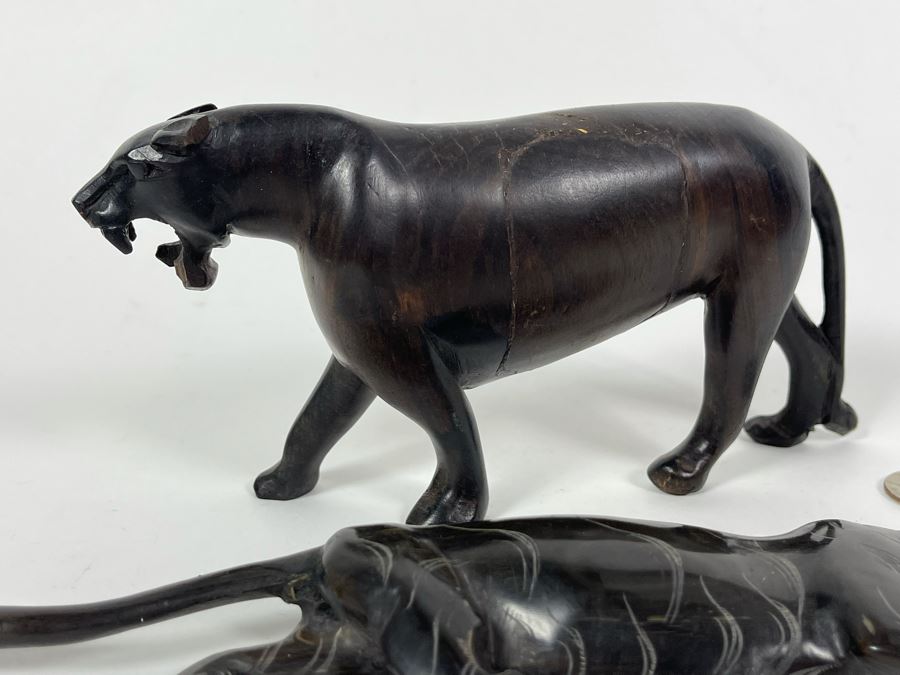 Pair Of Hand Carved Wood Panthers Cougars 10.5L And 7.5L [Photo 10]