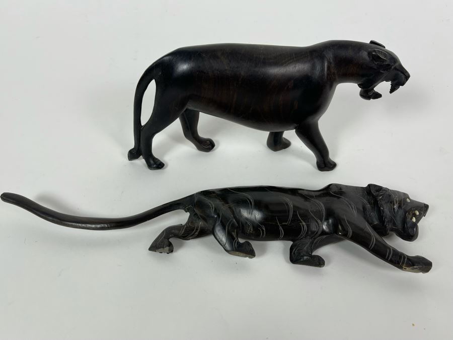 Pair Of Hand Carved Wood Panthers Cougars 10.5L And 7.5L [Photo 2]