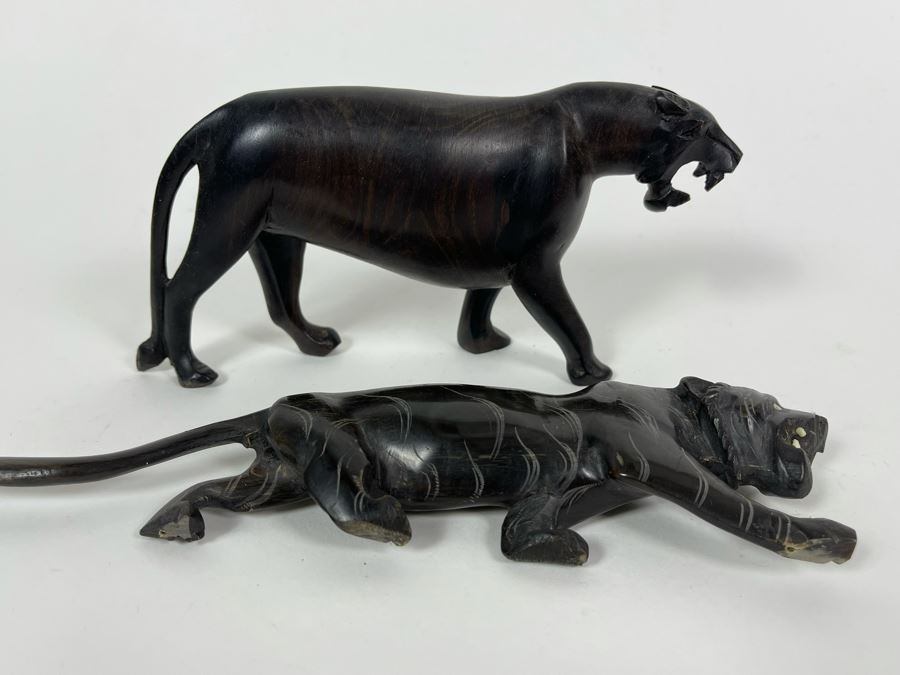 Pair Of Hand Carved Wood Panthers Cougars 10.5L And 7.5L [Photo 1]