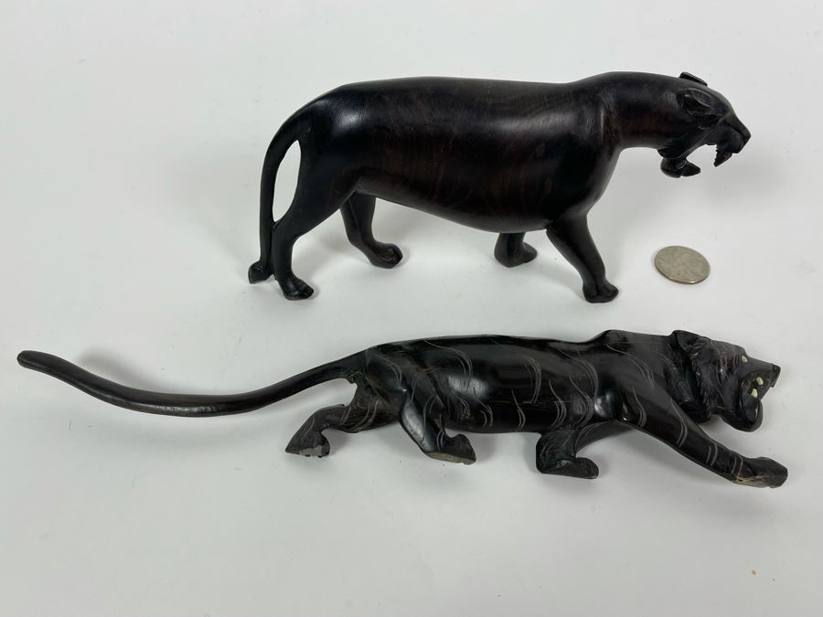 Pair Of Hand Carved Wood Panthers Cougars 10.5L And 7.5L [Photo 3]