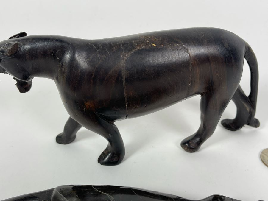 Pair Of Hand Carved Wood Panthers Cougars 10.5L And 7.5L [Photo 11]