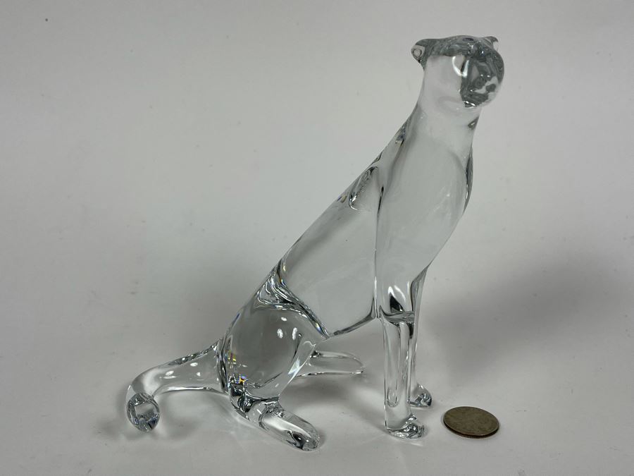 Baccarat France Signed Crystal Seated Cheetah On Watch 6.5H X 6H [Photo 2]