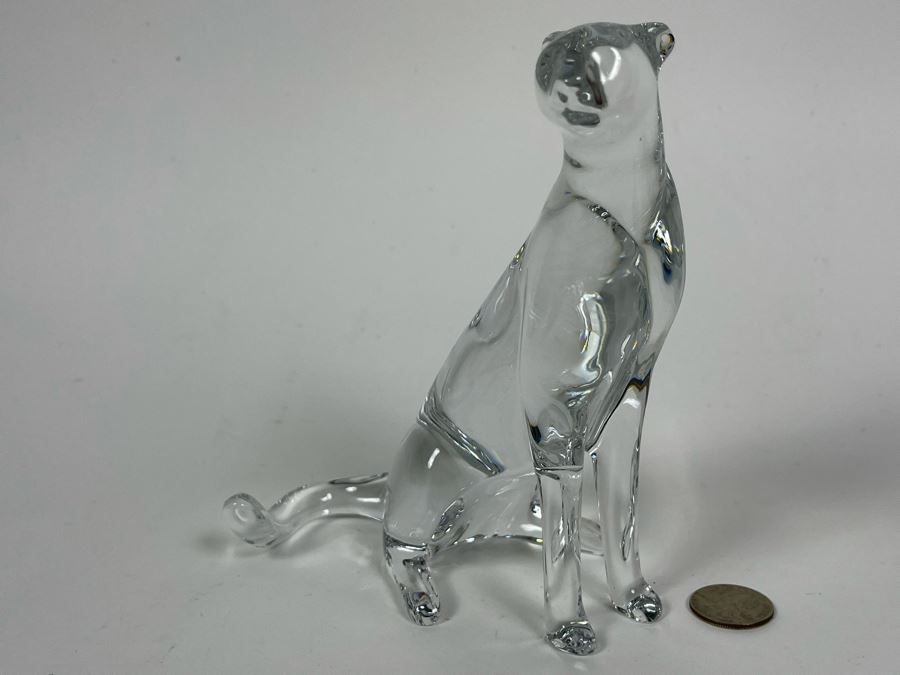 Baccarat France Signed Crystal Seated Cheetah On Watch 6.5H X 6H [Photo 3]