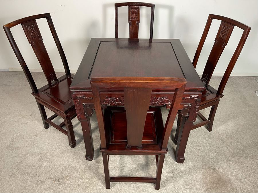 Chinese Carved Blackwood Rosewood Square Gaming Table With Four Drawers And Four Matching Chairs Client Paid $4,200 In 1986 [Photo 6]
