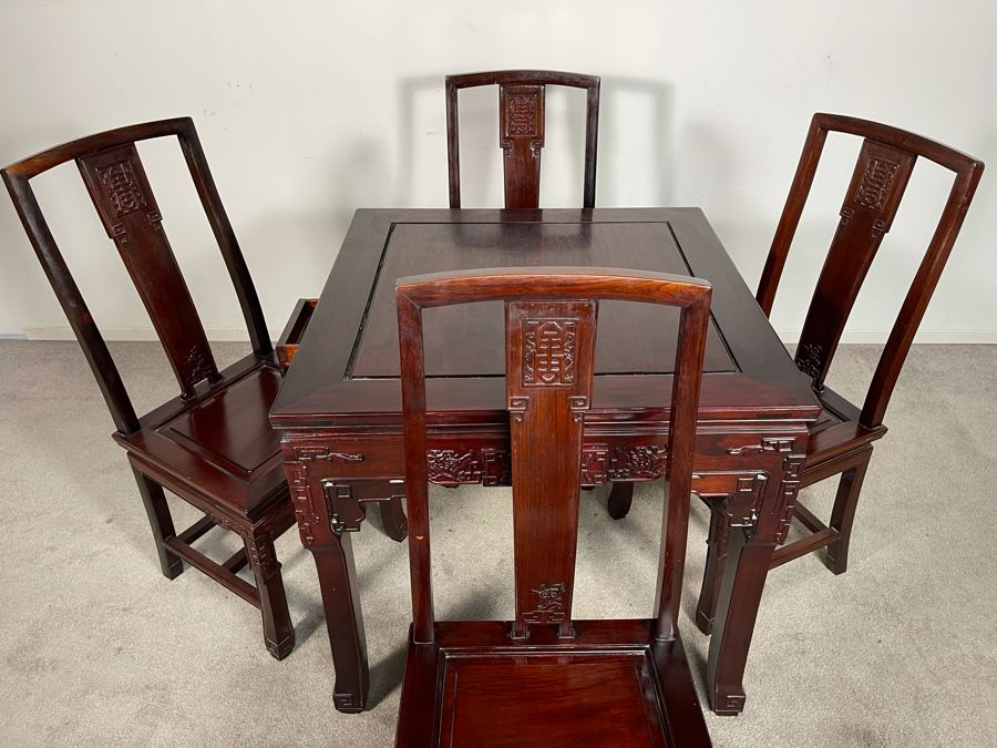 Chinese Carved Blackwood Rosewood Square Gaming Table With Four Drawers And Four Matching Chairs Client Paid $4,200 In 1986 [Photo 16]