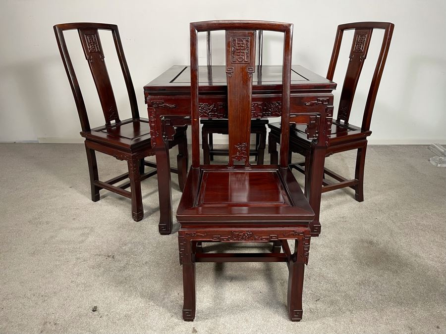 Chinese Carved Blackwood Rosewood Square Gaming Table With Four Drawers And Four Matching Chairs Client Paid $4,200 In 1986 [Photo 11]