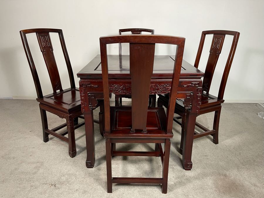 Chinese Carved Blackwood Rosewood Square Gaming Table With Four Drawers And Four Matching Chairs Client Paid $4,200 In 1986