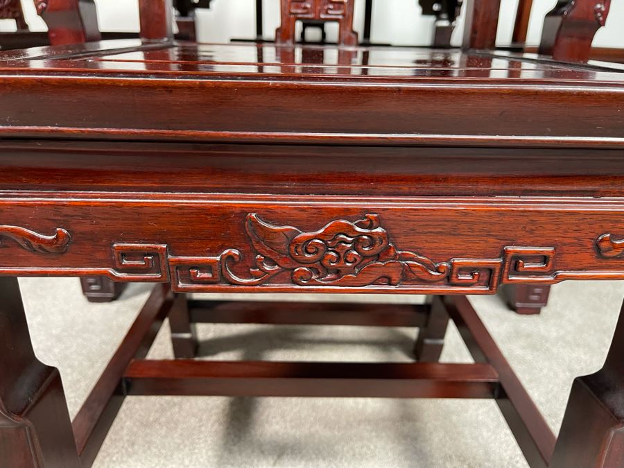 Chinese Carved Blackwood Rosewood Square Gaming Table With Four Drawers And Four Matching Chairs Client Paid $4,200 In 1986 [Photo 13]