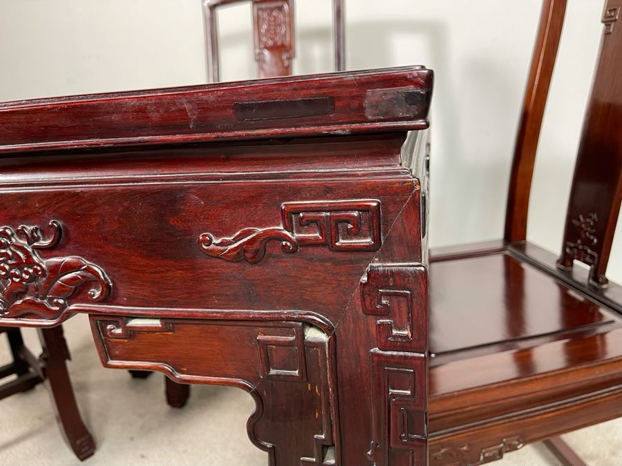 Chinese Carved Blackwood Rosewood Square Gaming Table With Four Drawers And Four Matching Chairs Client Paid $4,200 In 1986 [Photo 9]