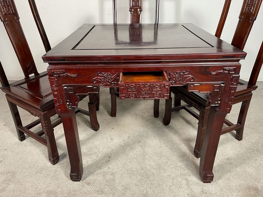 Chinese Carved Blackwood Rosewood Square Gaming Table With Four Drawers And Four Matching Chairs Client Paid $4,200 In 1986 [Photo 7]