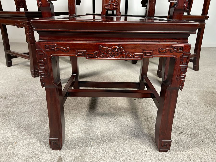 Chinese Carved Blackwood Rosewood Square Gaming Table With Four Drawers And Four Matching Chairs Client Paid $4,200 In 1986 [Photo 12]