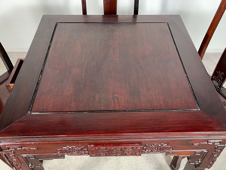 Chinese Carved Blackwood Rosewood Square Gaming Table With Four Drawers And Four Matching Chairs Client Paid $4,200 In 1986 [Photo 17]