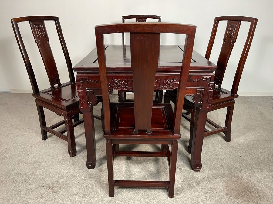 Chinese Carved Blackwood Rosewood Square Gaming Table With Four Drawers And Four Matching Chairs Client Paid $4,200 In 1986 [Photo 4]