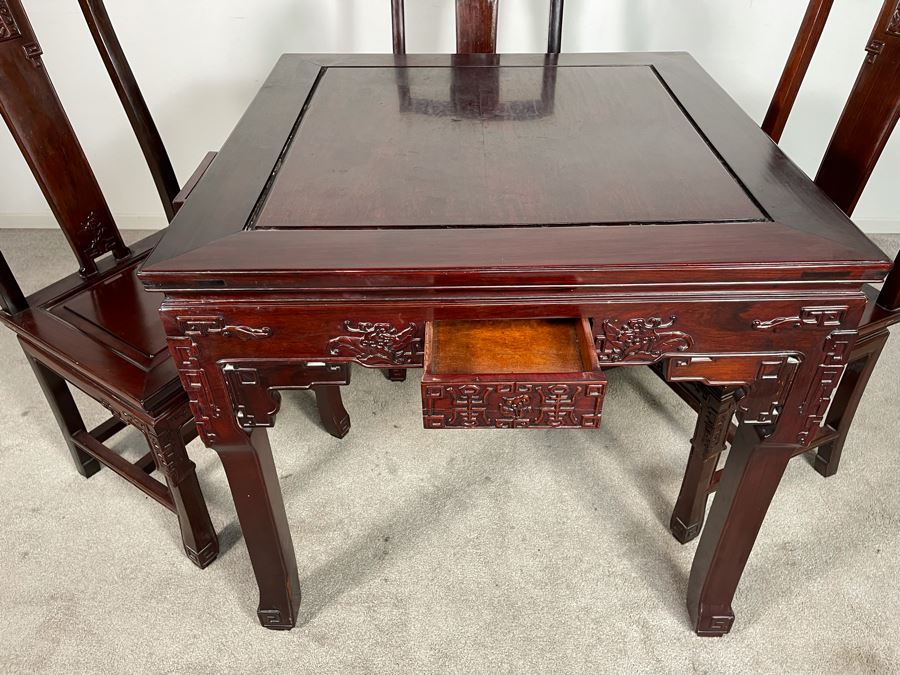 Chinese Carved Blackwood Rosewood Square Gaming Table With Four Drawers And Four Matching Chairs Client Paid $4,200 In 1986 [Photo 3]