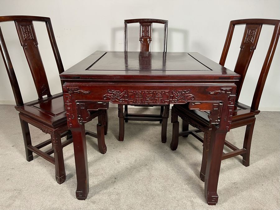 Chinese Carved Blackwood Rosewood Square Gaming Table With Four Drawers And Four Matching Chairs Client Paid $4,200 In 1986 [Photo 2]