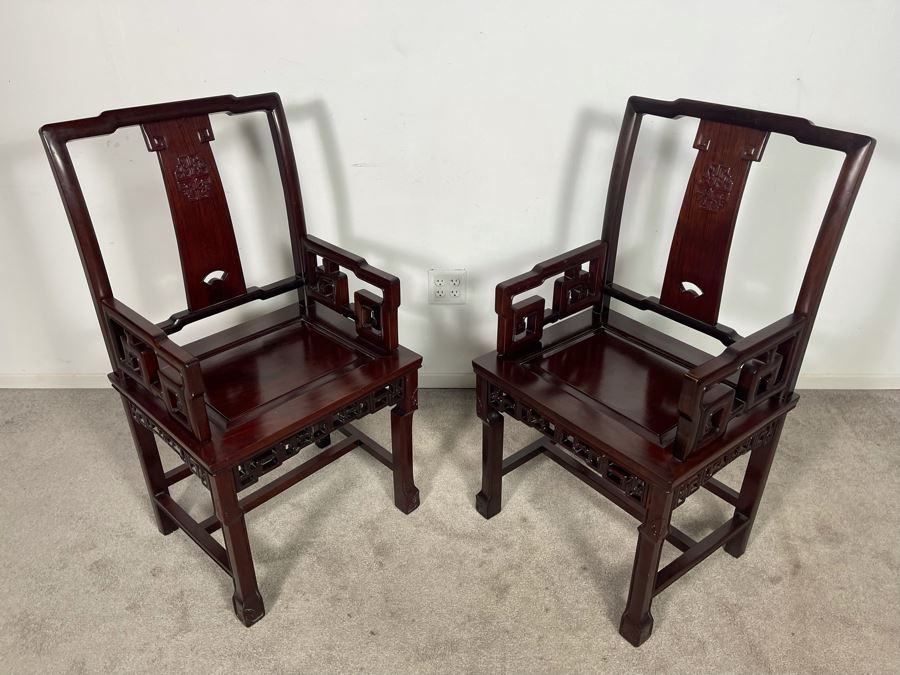 Pair Of Chinese Carved Blackwood Rosewood Armchairs 22W X 18D X 40H [Photo 6]