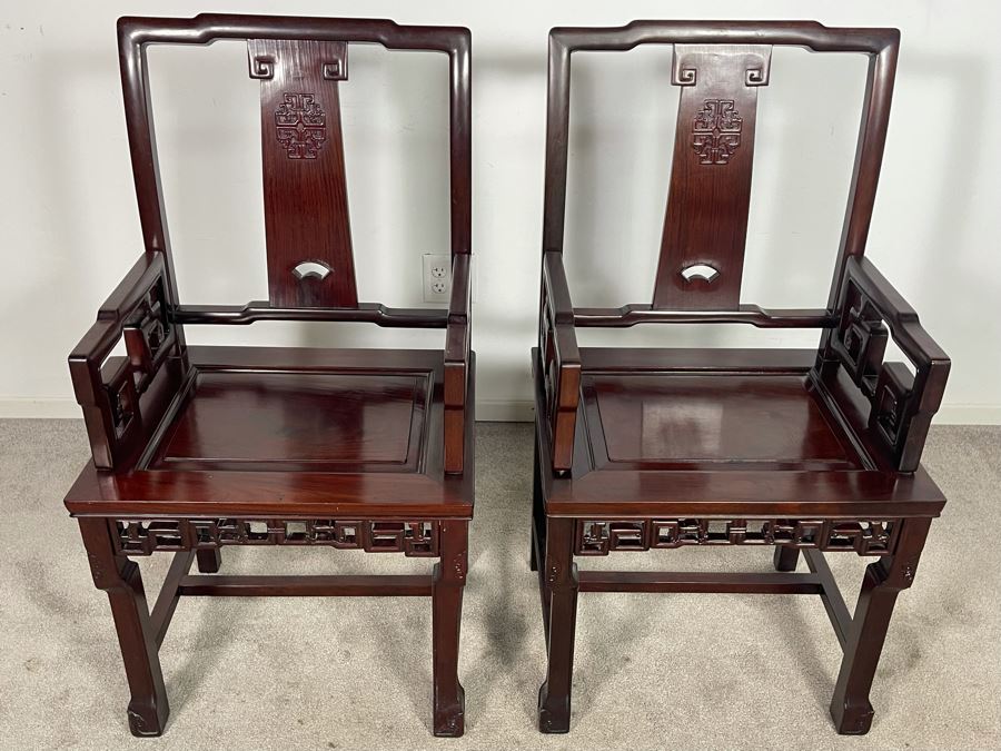 Pair Of Chinese Carved Blackwood Rosewood Armchairs 22W X 18D X 40H [Photo 20]