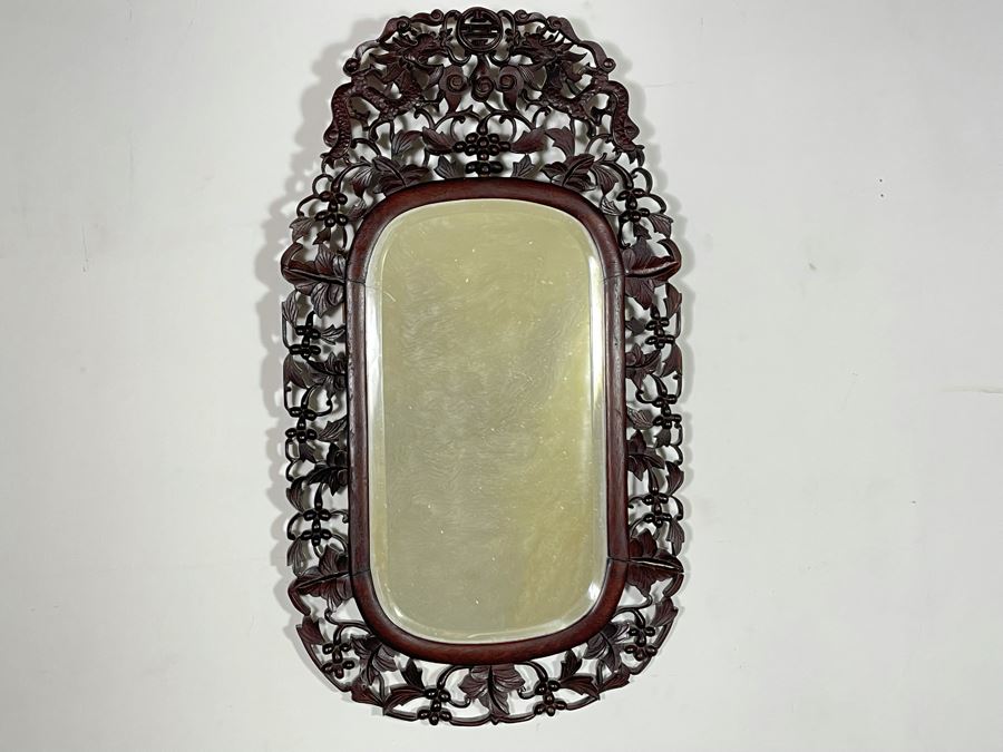 Impressive Chinese Carved Wood Beveled Glass Wall Mirror With Dragon Motif 19.5W X 34H [Photo 5]